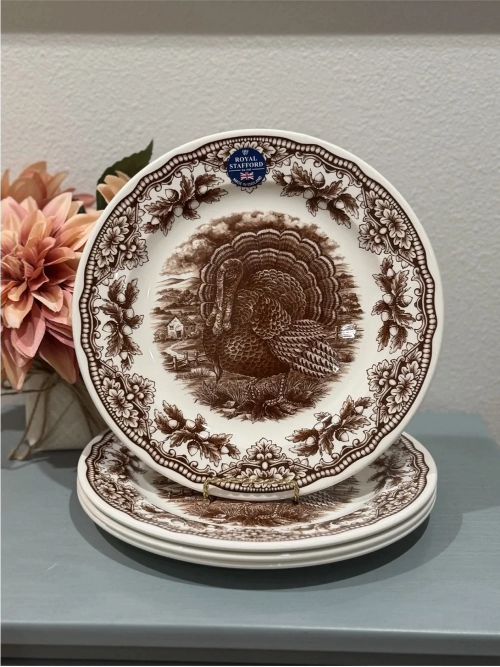Royal Stafford Turkey 11 In Dinner Plates Set Of 4 Brown Thanksgiving Brand New